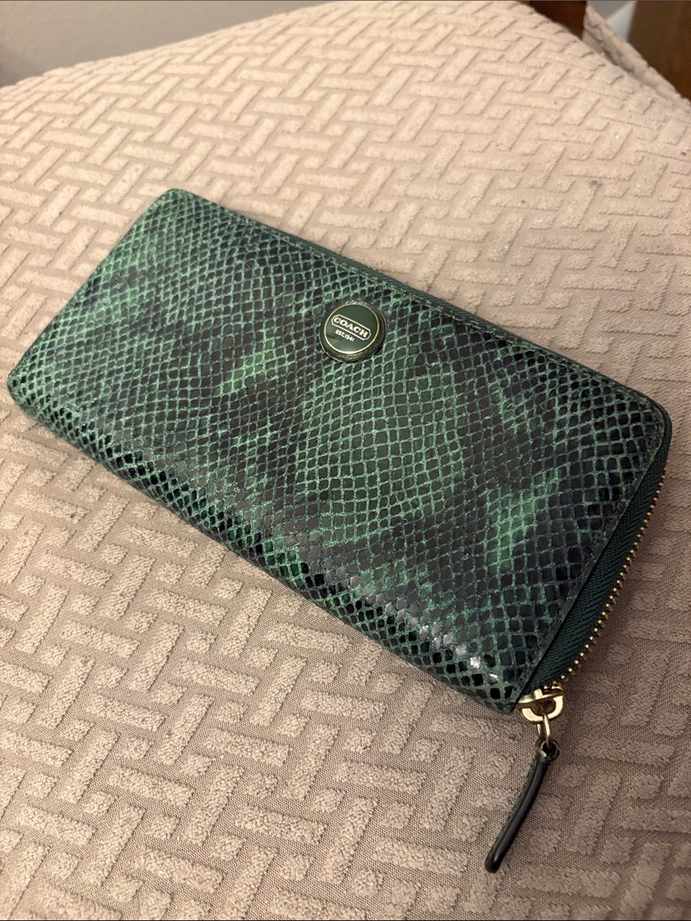 Coach patent leather Green Snake-Print Zip Around Wallet with Gold Trim